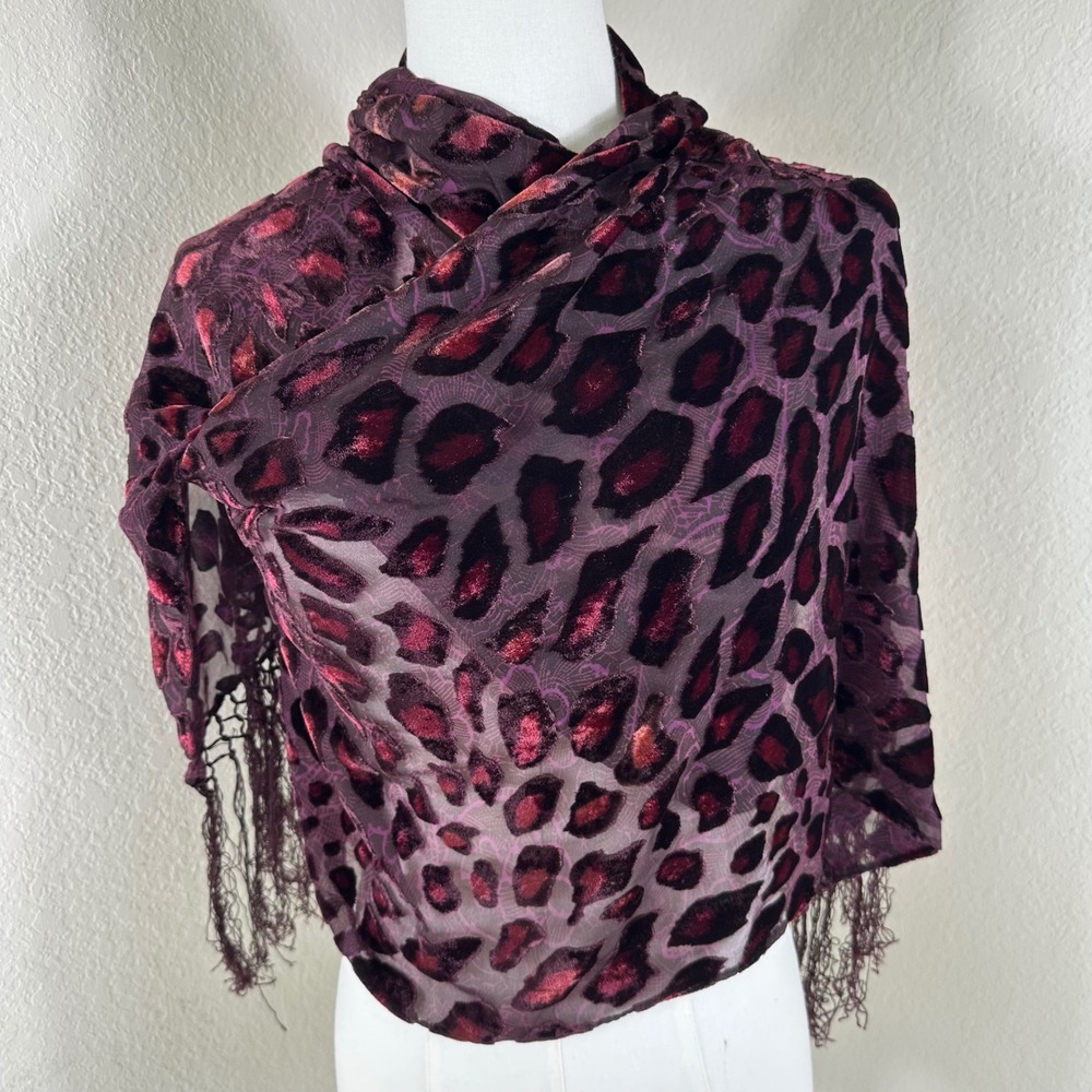 Scarf Women OS Burgundy Devore Burnout Velvet Leopard Print Fringe Wrap Mob Wife